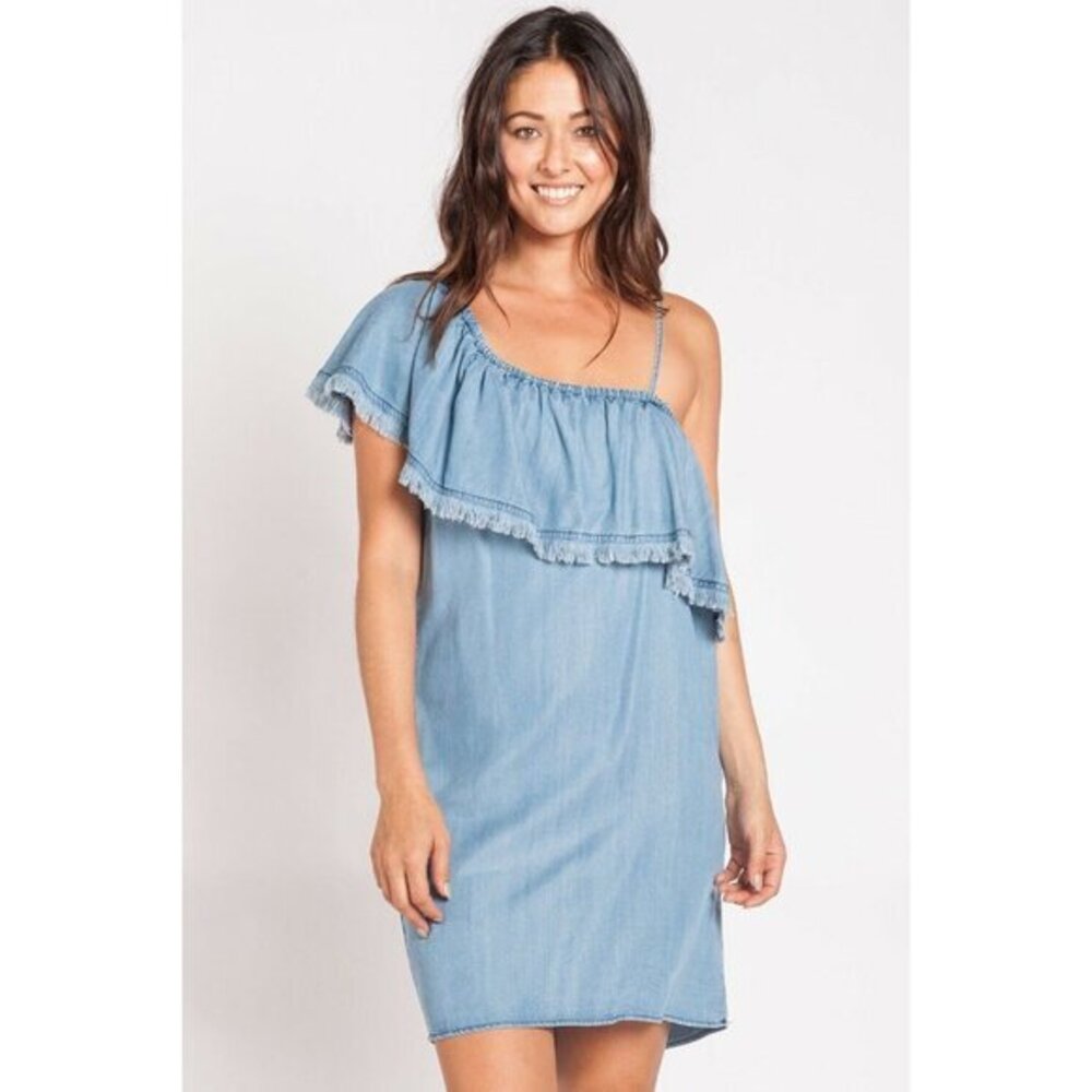 Velvet Heart Blue Chambray Dress One Shoulder Fringe Popover Mini SZ L New - Picture 1 of 4